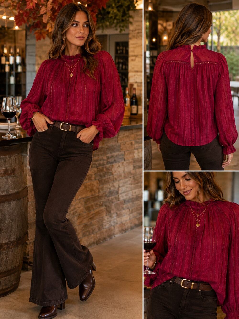 Romantic Boho Luxe Moon River Berry Lace Textured Ruffle Balloon Sleeve Blouse S